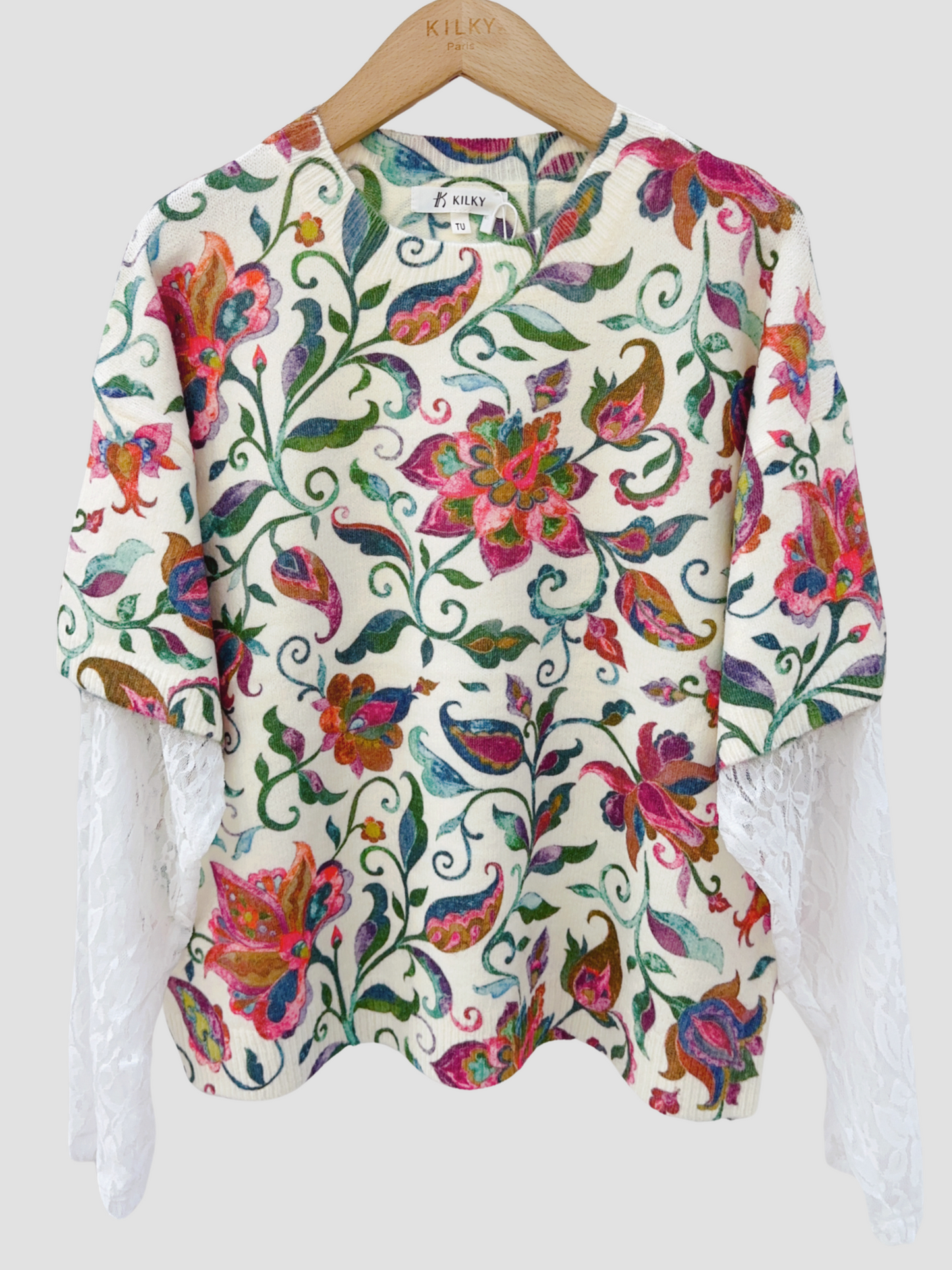 Pull Imprimé Floral Manches Dentelle