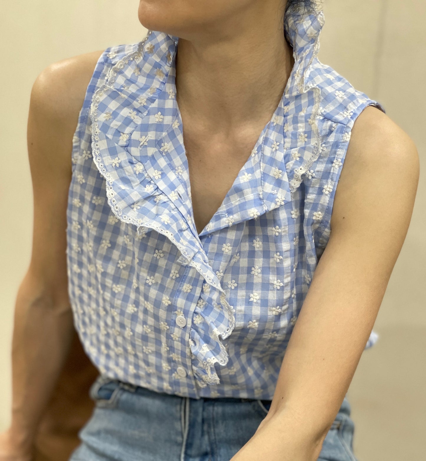 Chemise sans Manches Vichy Brodée