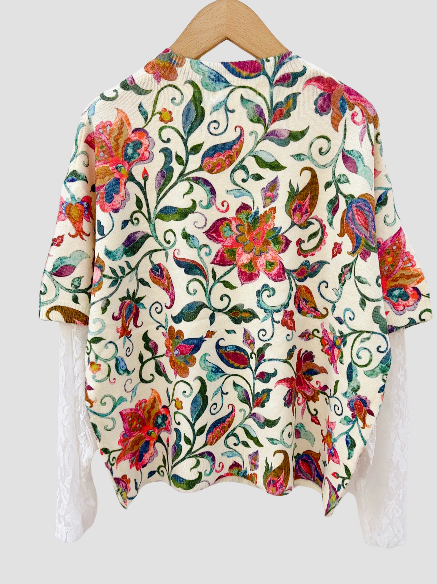 Pull Imprimé Floral Manches Dentelle