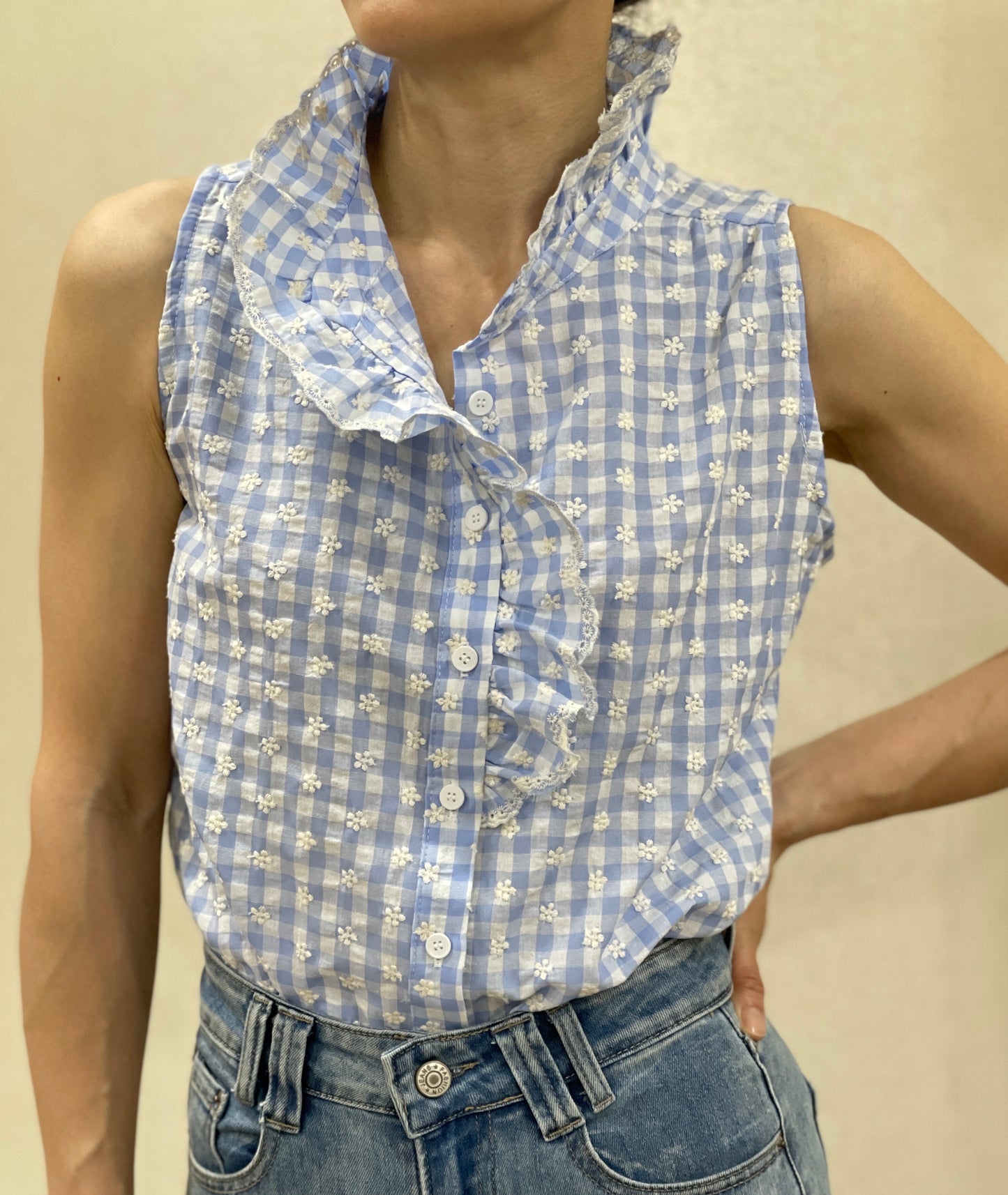 Chemise sans Manches Vichy Brodée