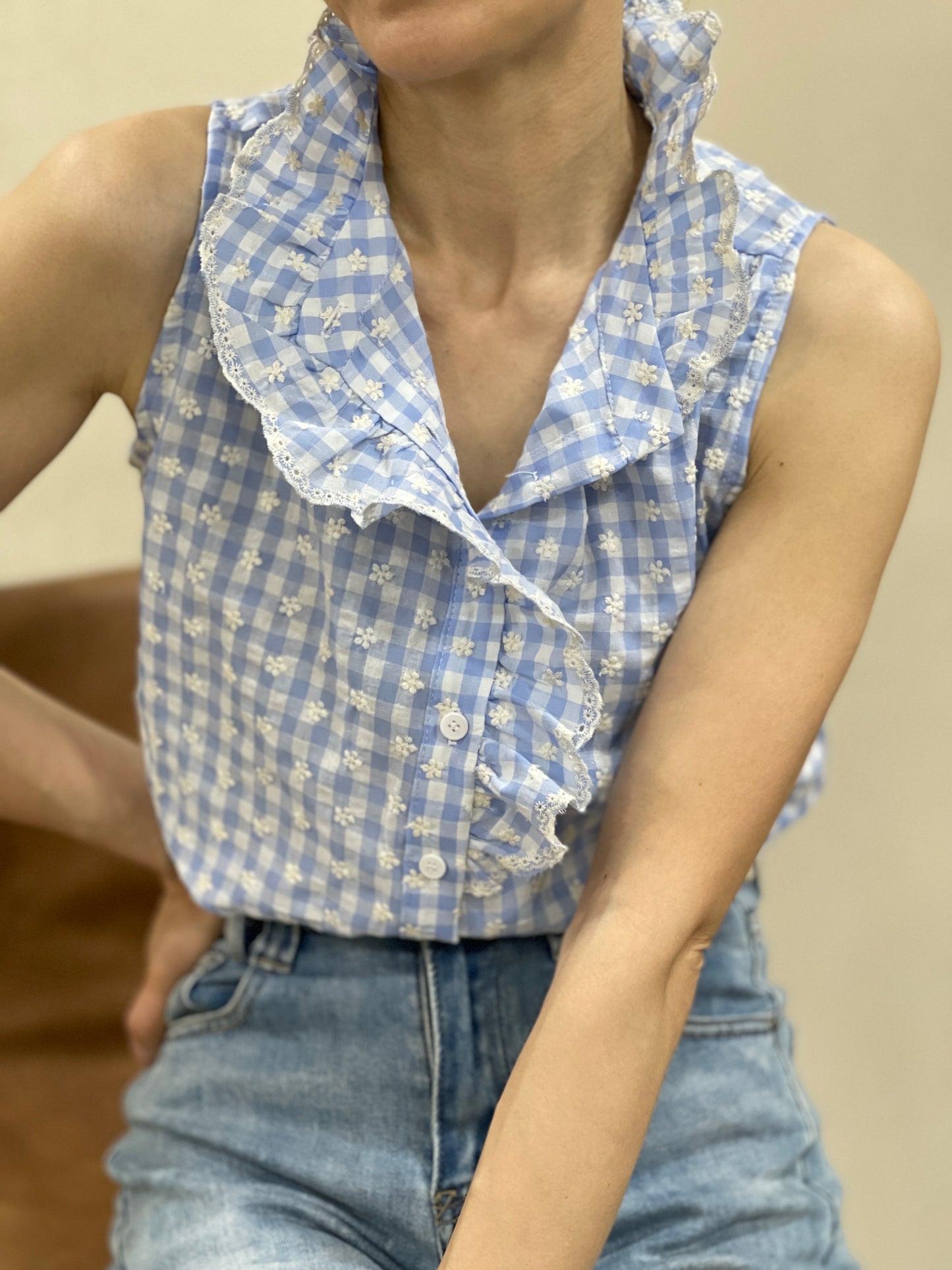 Chemise sans Manches Vichy Brodée