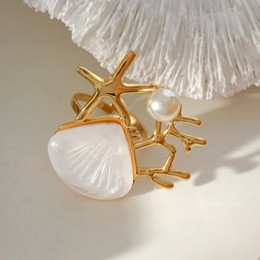 Bague Dorée Étoile de Mer et Coquillage