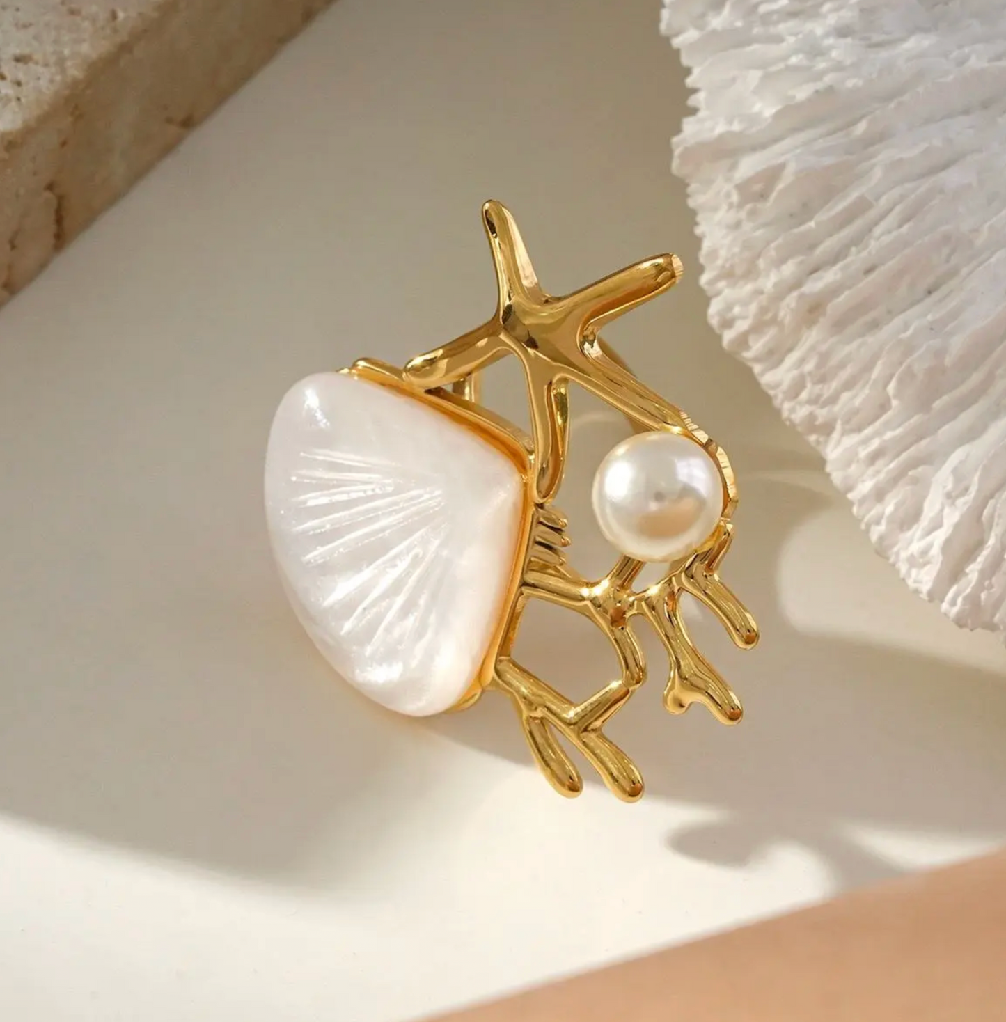 Bague Dorée Étoile de Mer et Coquillage