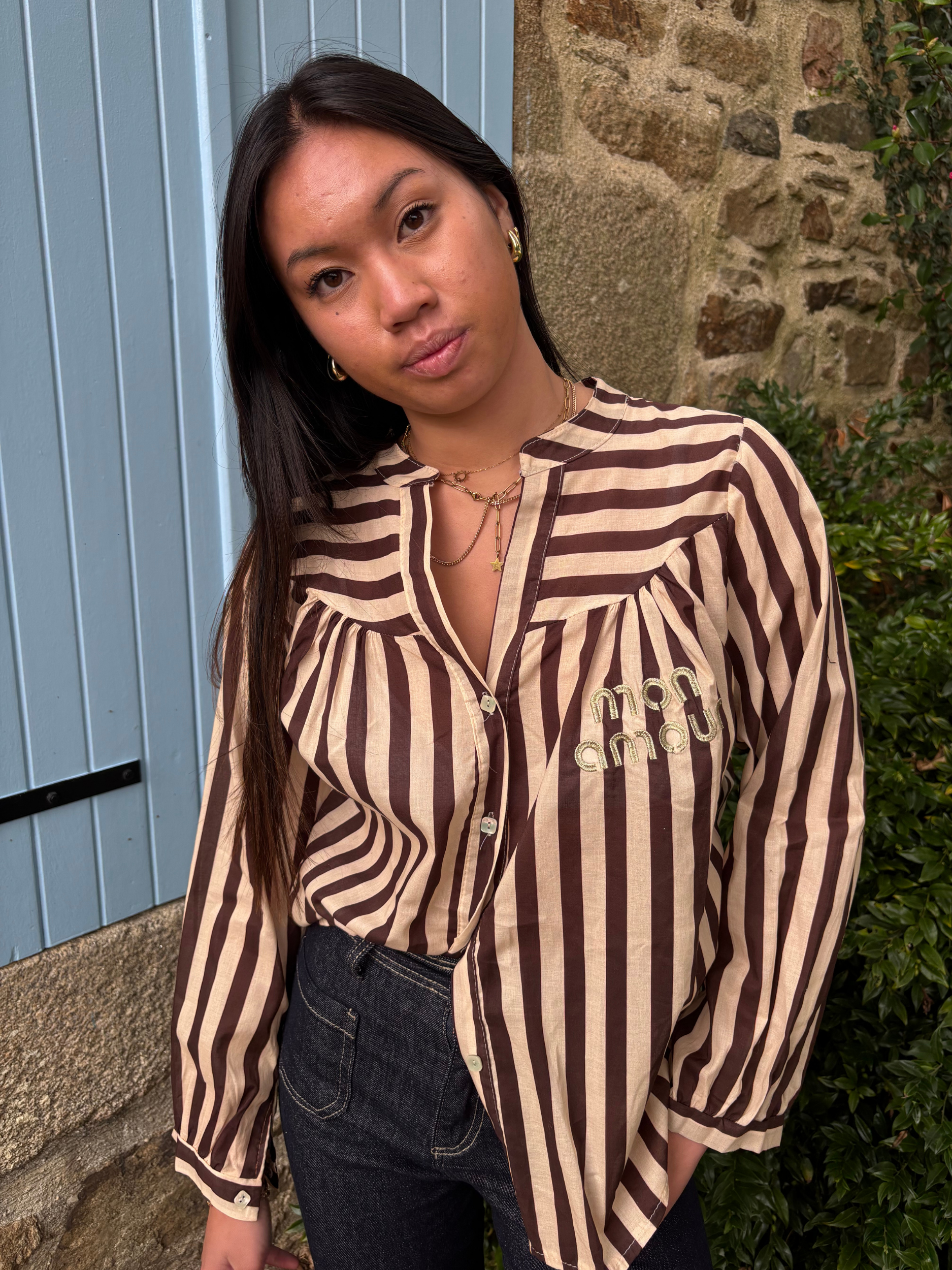 Blouse ample rayures marron et beige – Hippie Chic – hippiechic