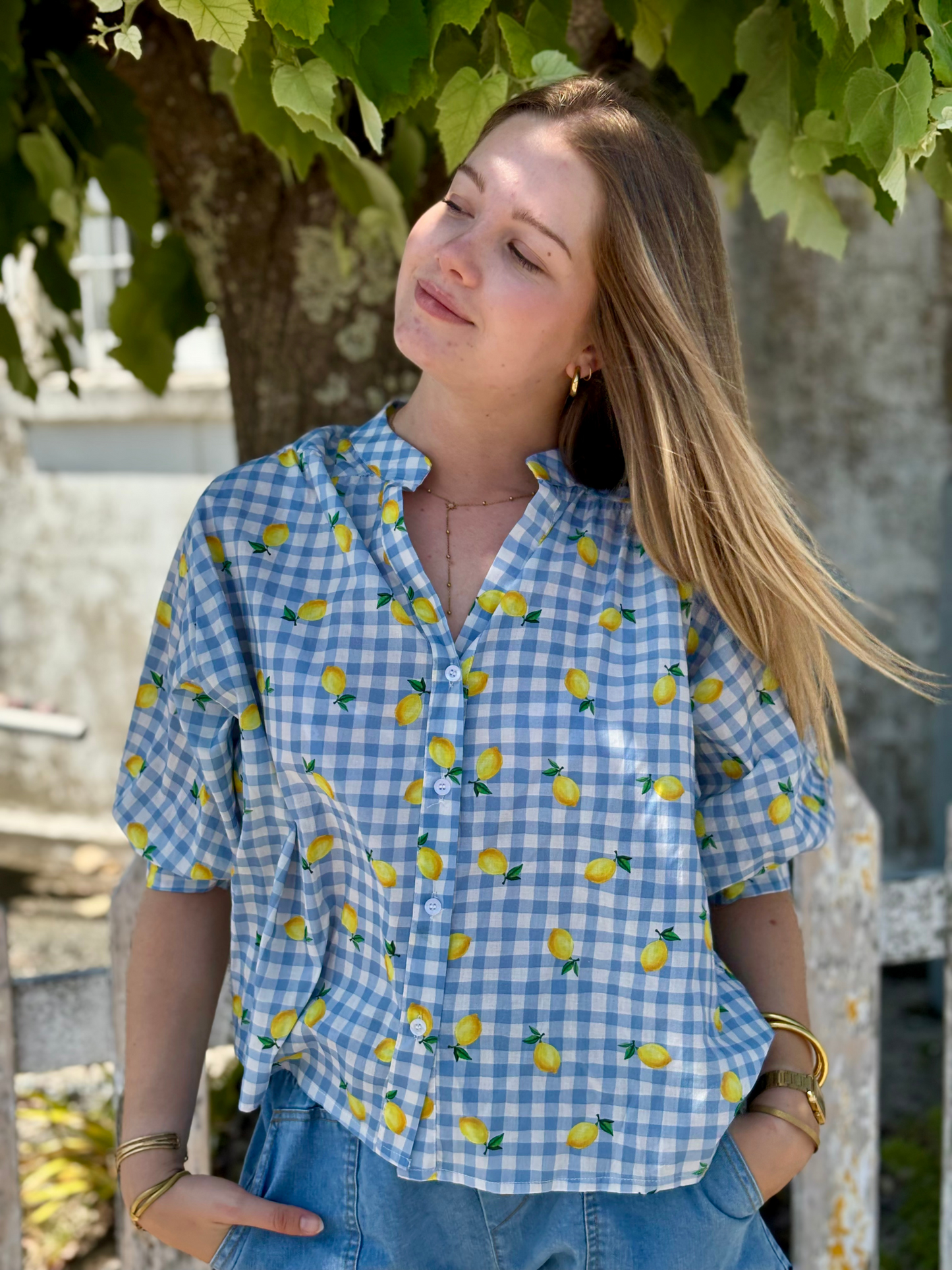 Blouse vichy bleu à citrons