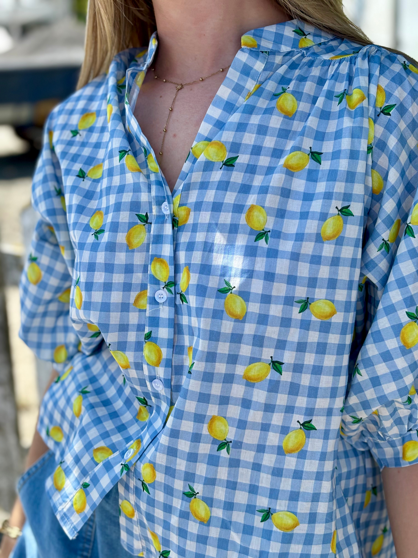 Blouse vichy bleu à citrons
