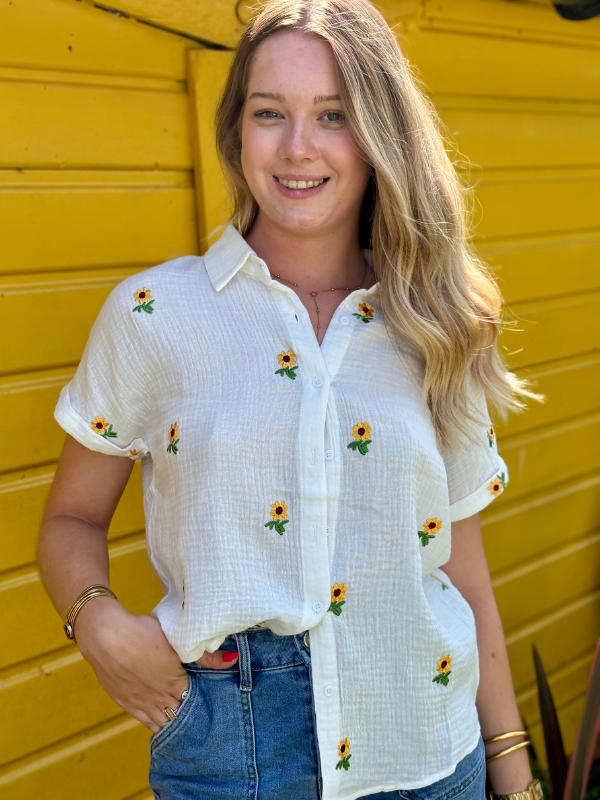 Chemise Blanche Gaze de Coton Brodée Tournesols
