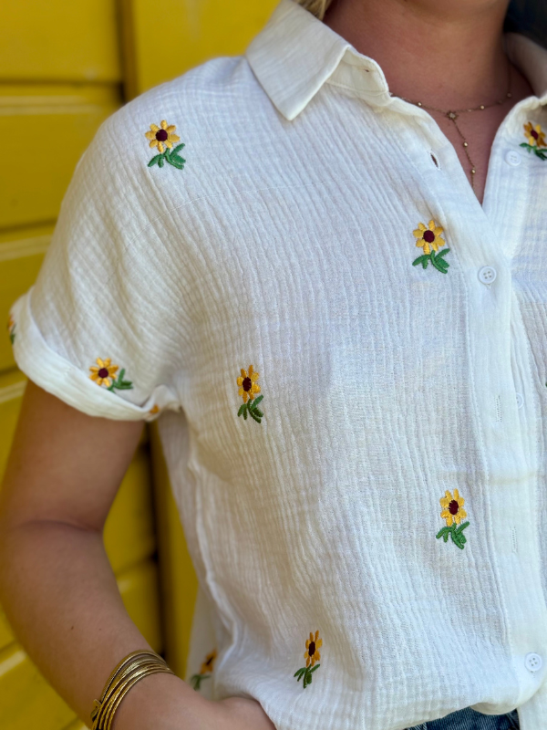 Chemise Blanche Gaze de Coton Brodée Tournesols