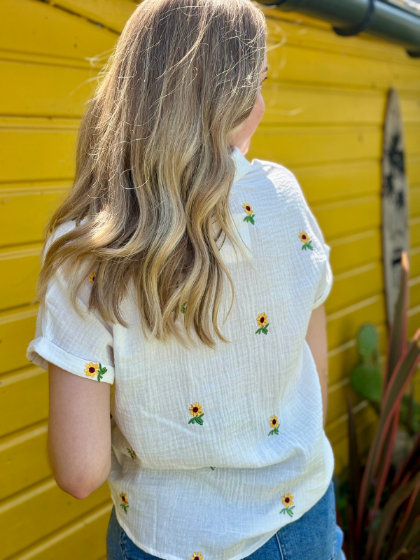 Chemise Blanche Gaze de Coton Brodée Tournesols