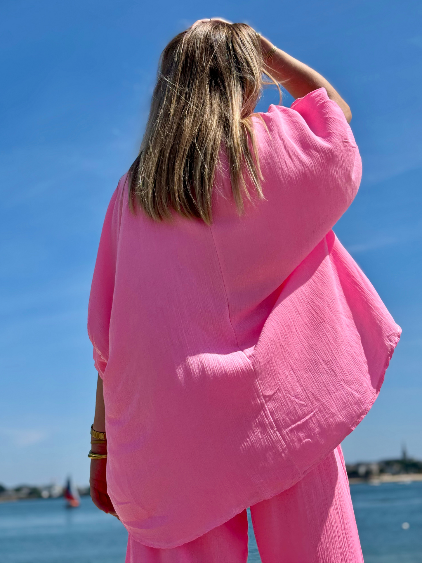 Chemise fluide brodée palmier rose fluo