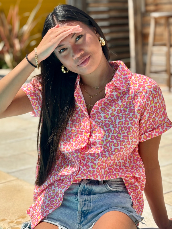 Chemise Imprimé Léopard Rose en Coton