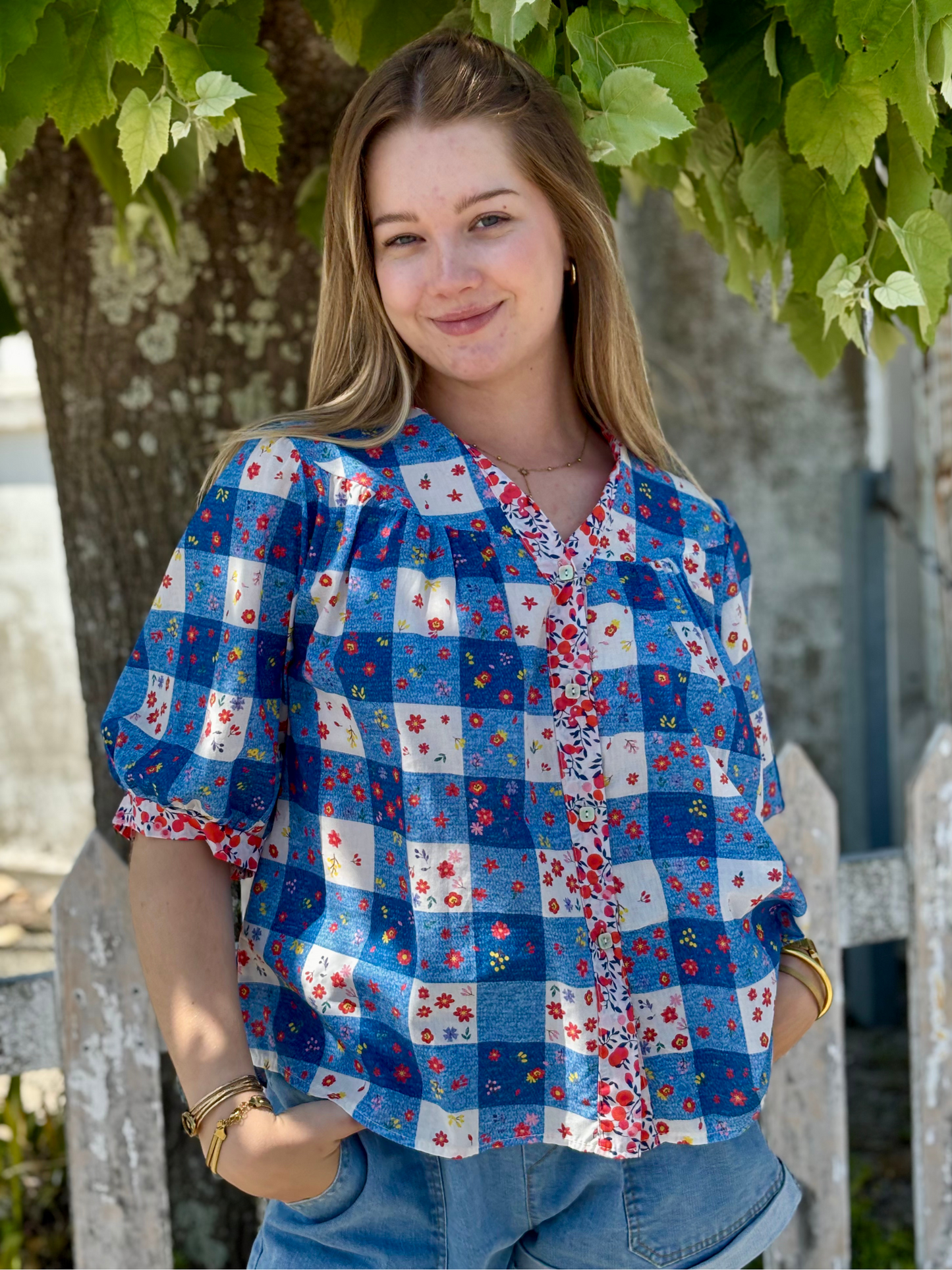 Chemise imprimé patchwork fleuri bleu