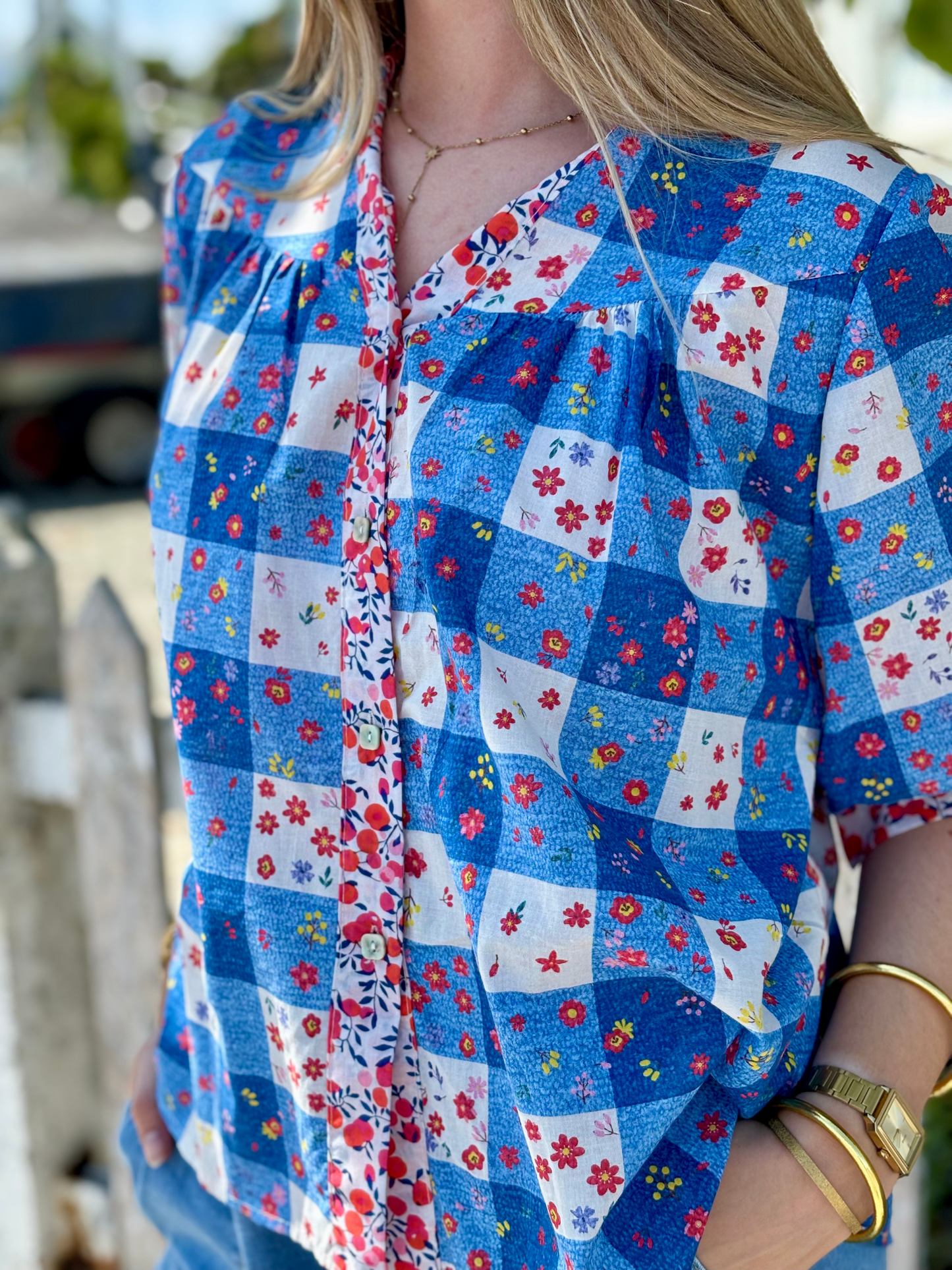 Chemise imprimé patchwork fleuri bleu
