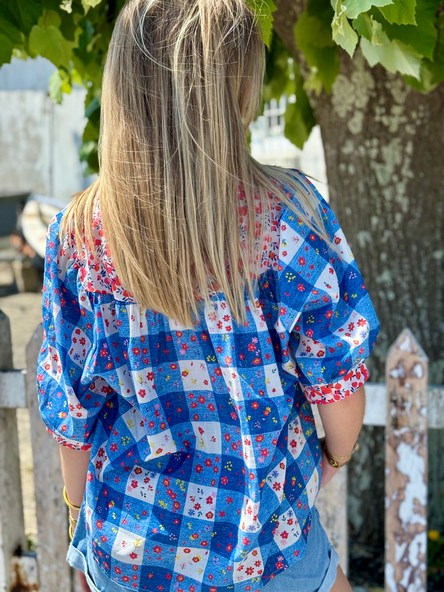 Chemise imprimé patchwork fleuri bleu