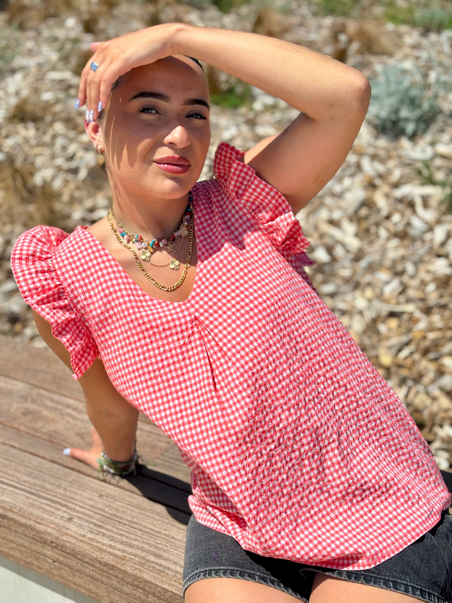 Top à volants en coton et nylon corail