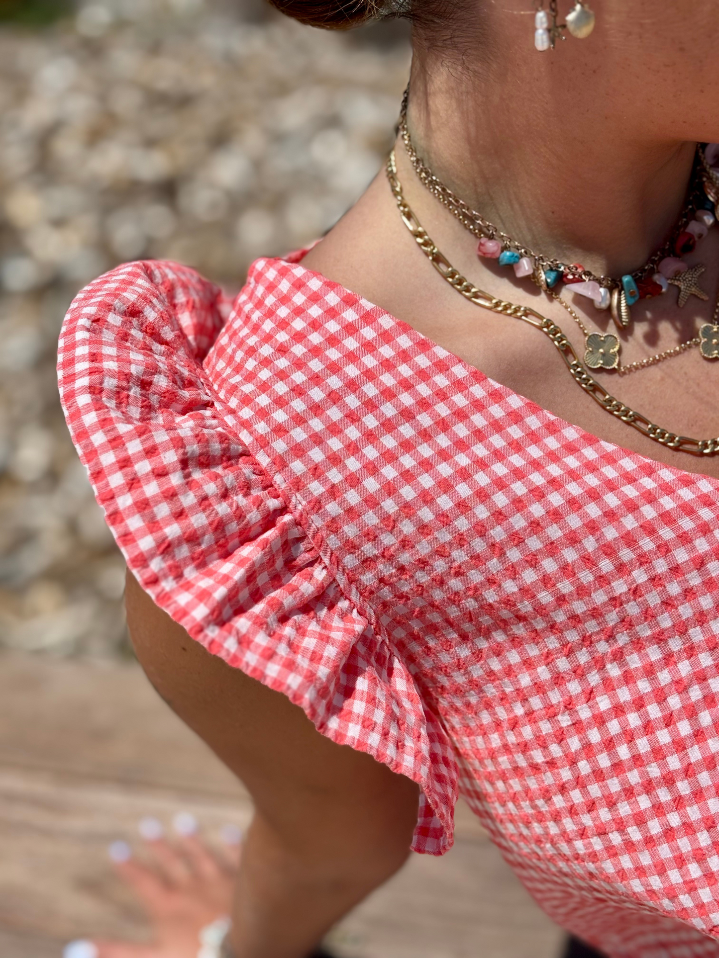 Top à volants en coton et nylon corail