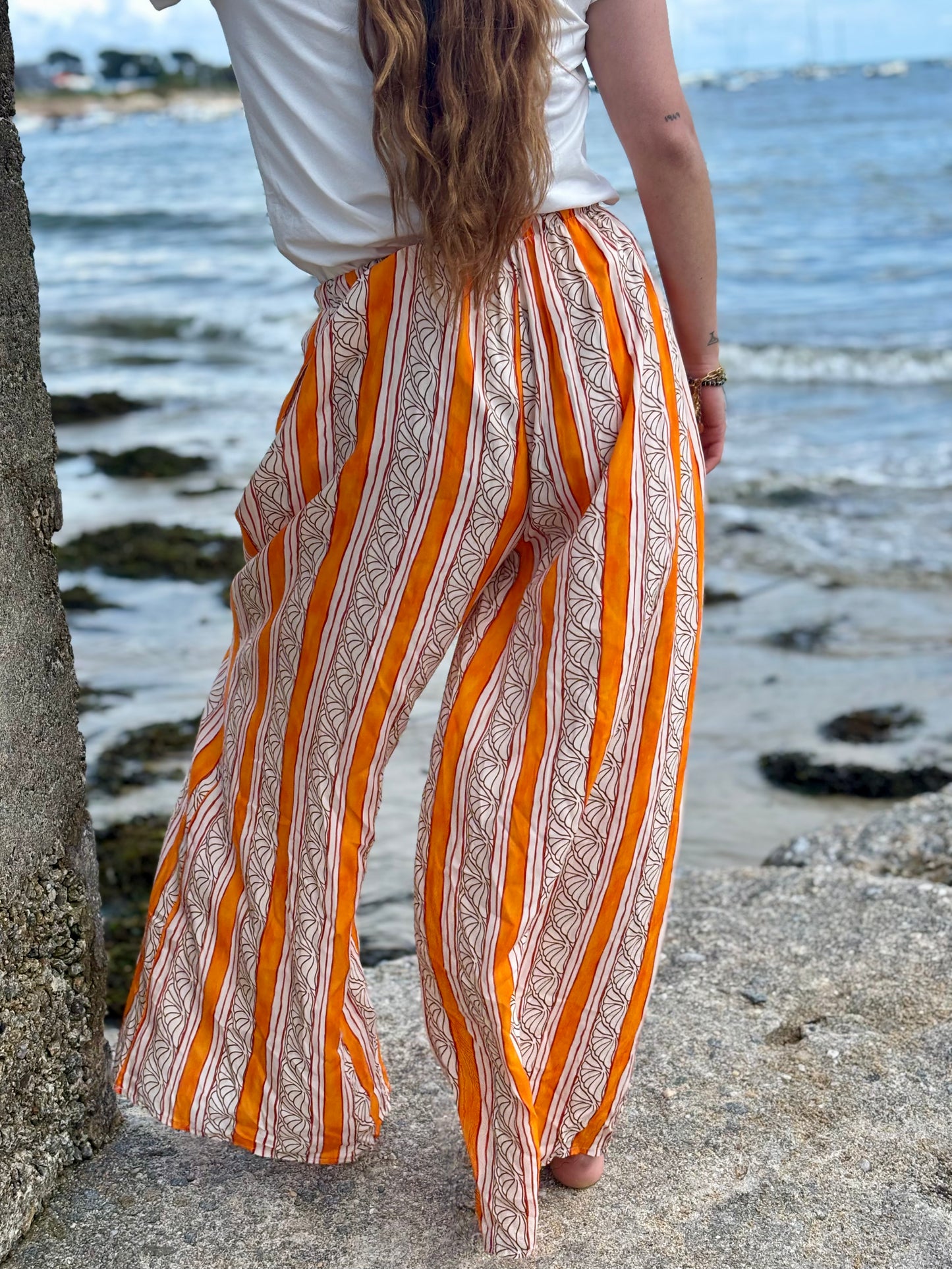 Pantalon Fluide à Rayures et Imprimés