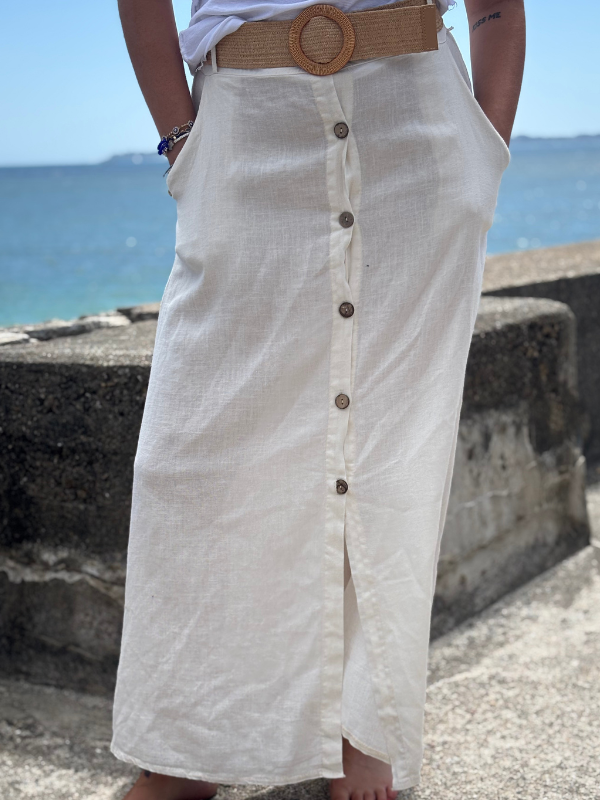 Jupe longue boutonnée en lin beige