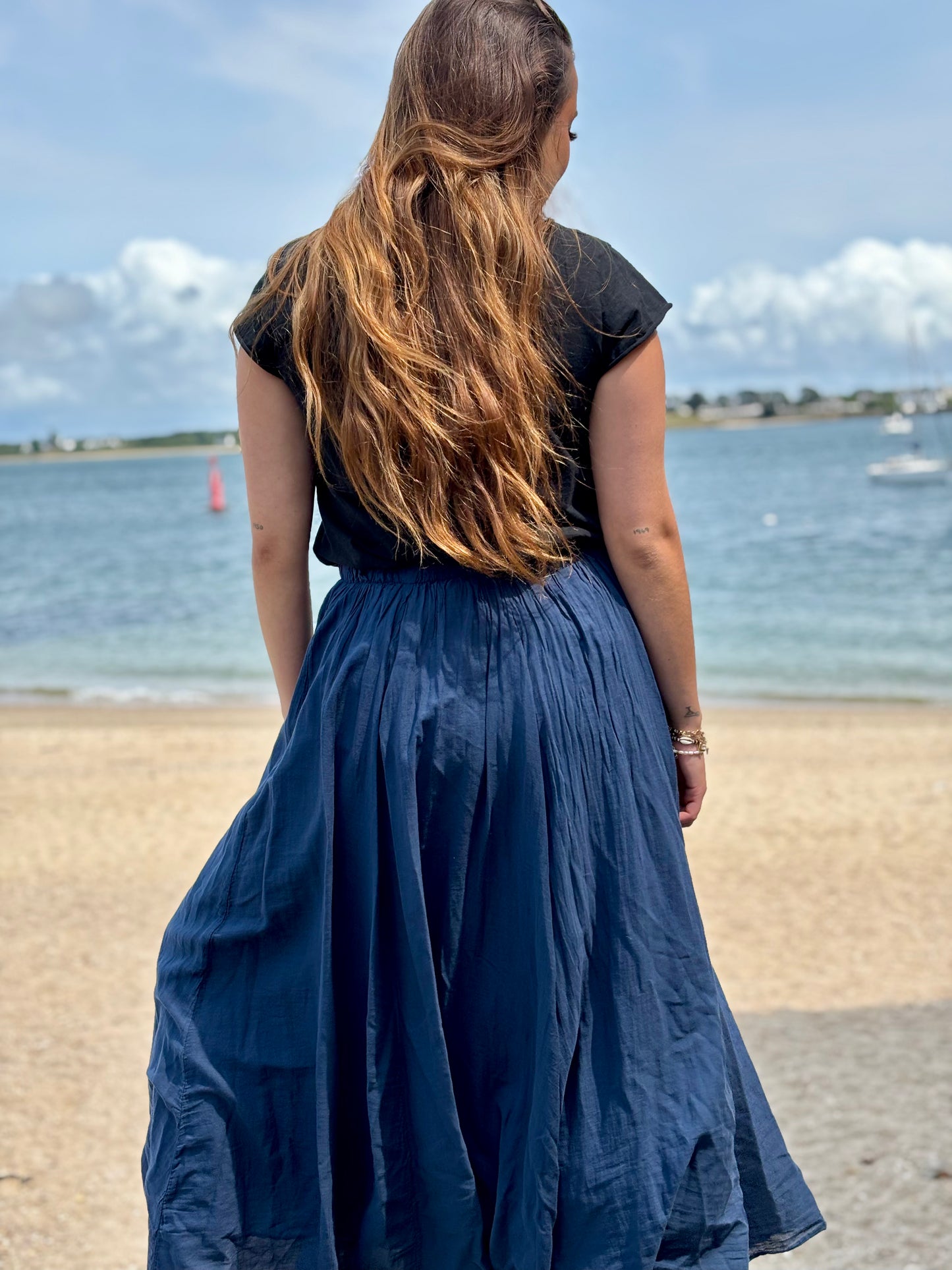 Jupe longue en voile de coton marine