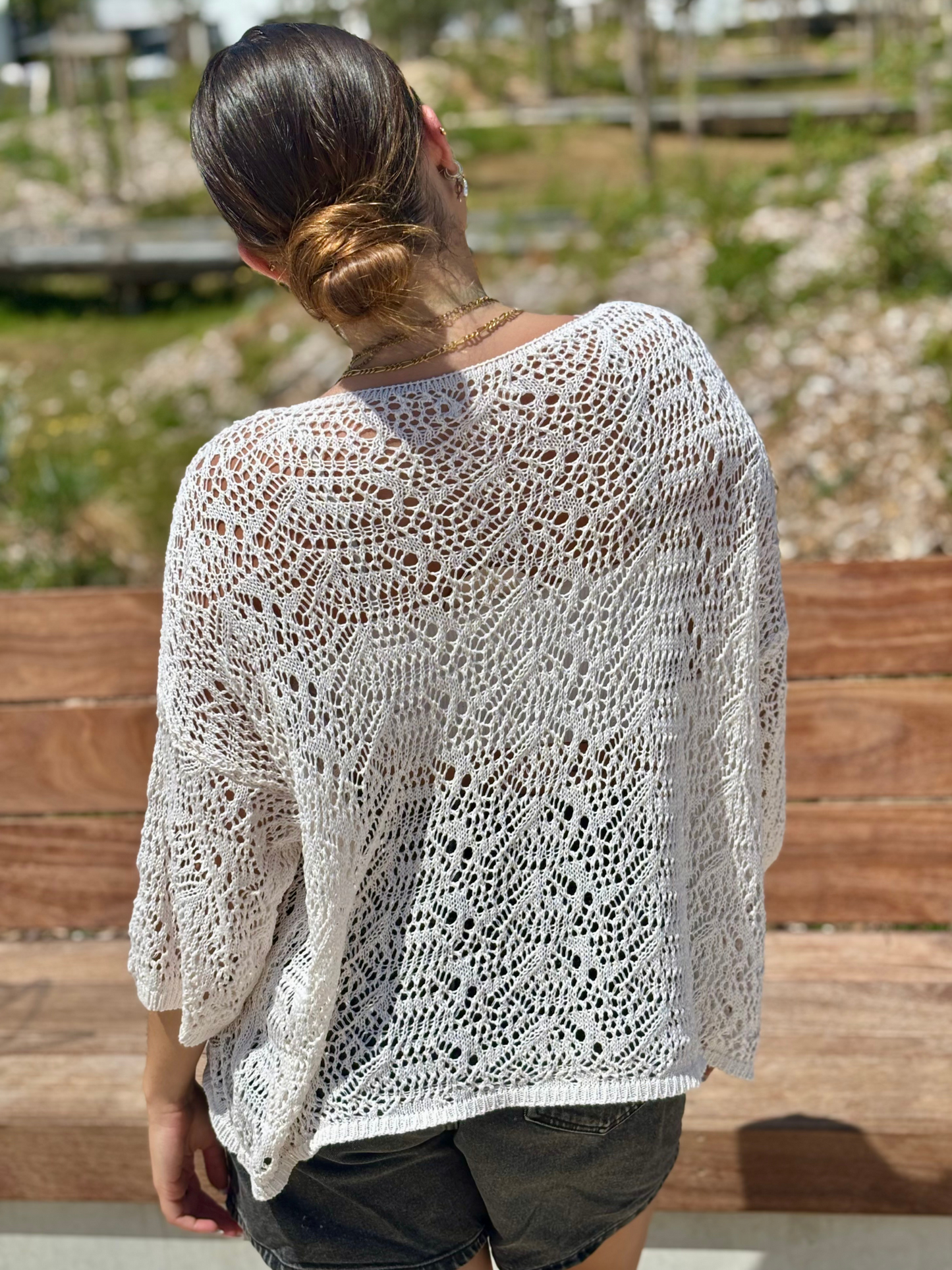 Pull ajouré manches 3/4 ecru
