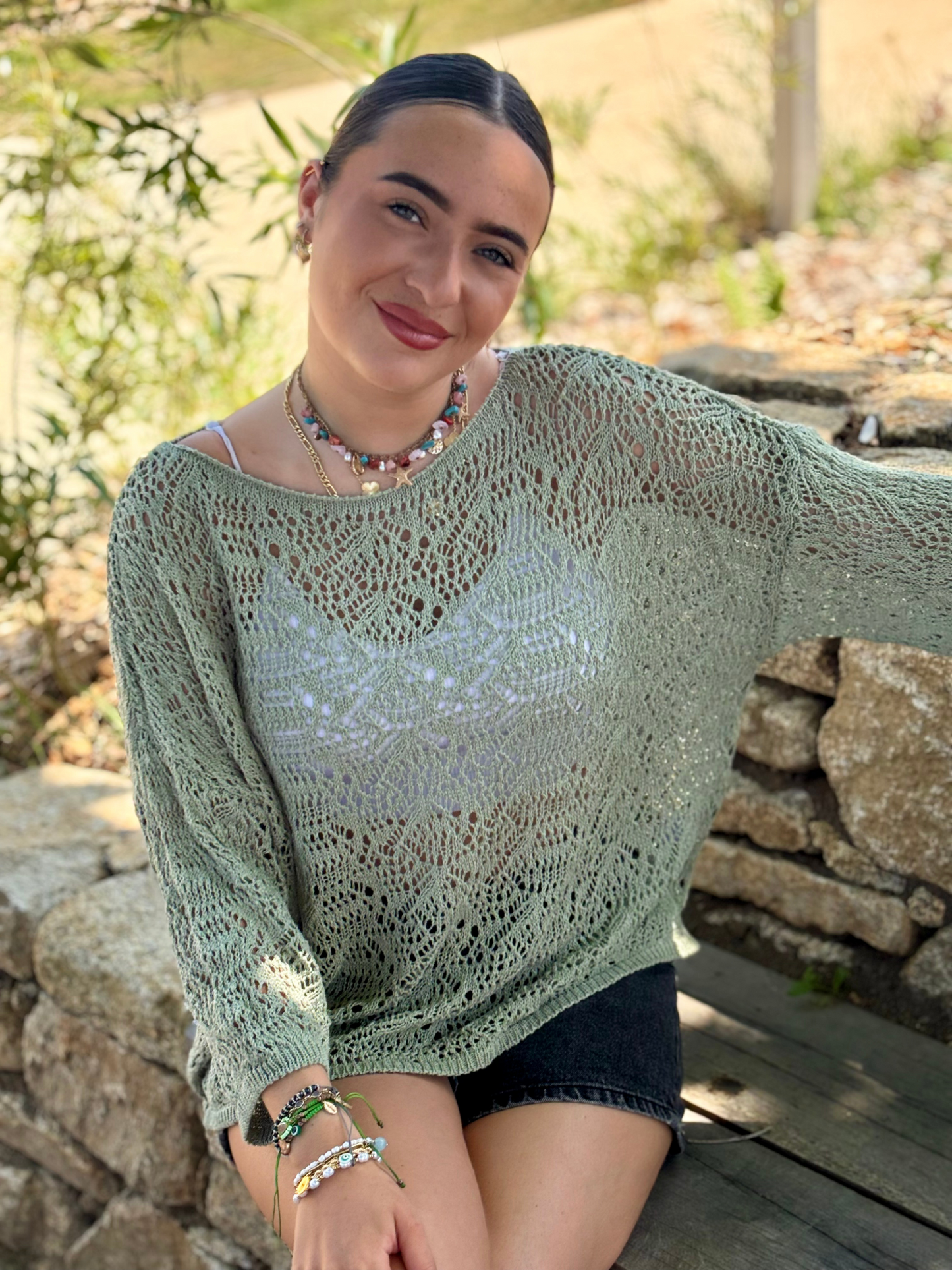 Pull ajouré manches 3/4 kaki