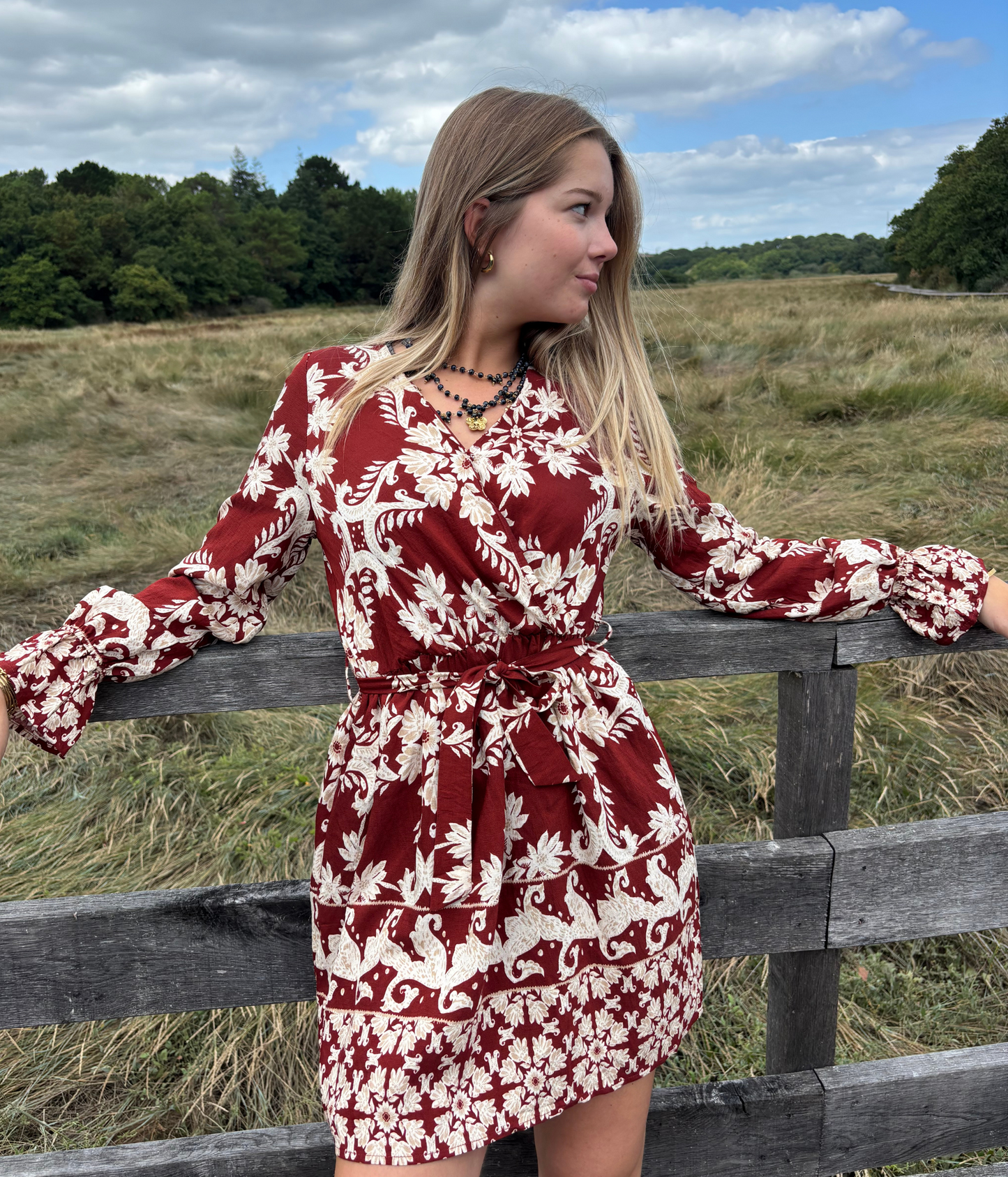 Robe bohème imprimée bordeaux