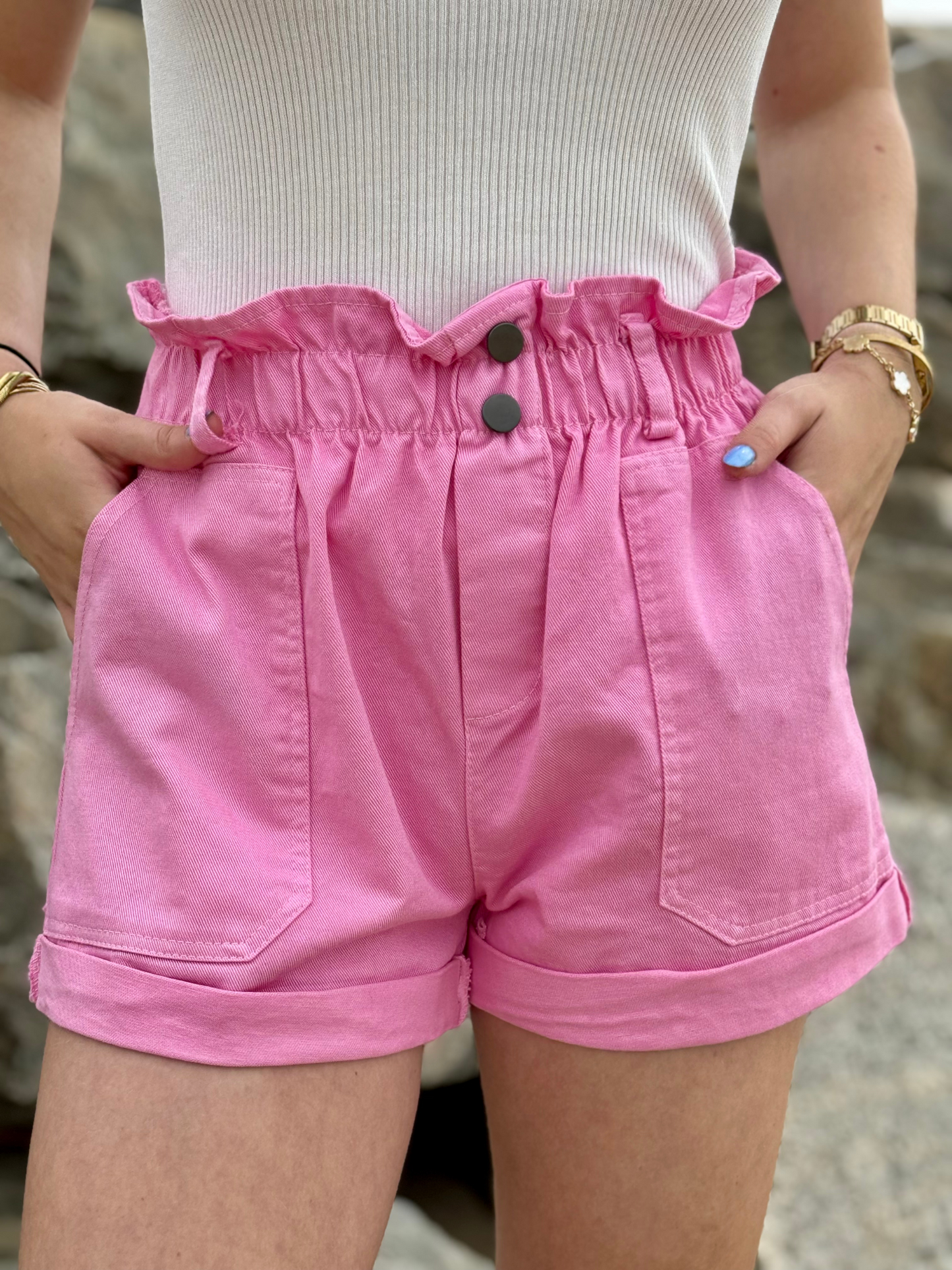 Short rose taille haute en coton