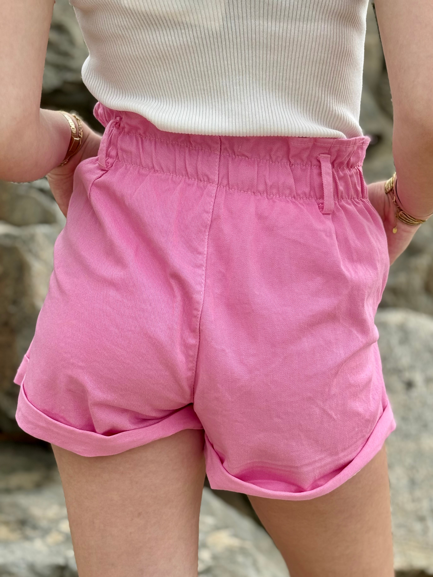 Short rose taille haute en coton