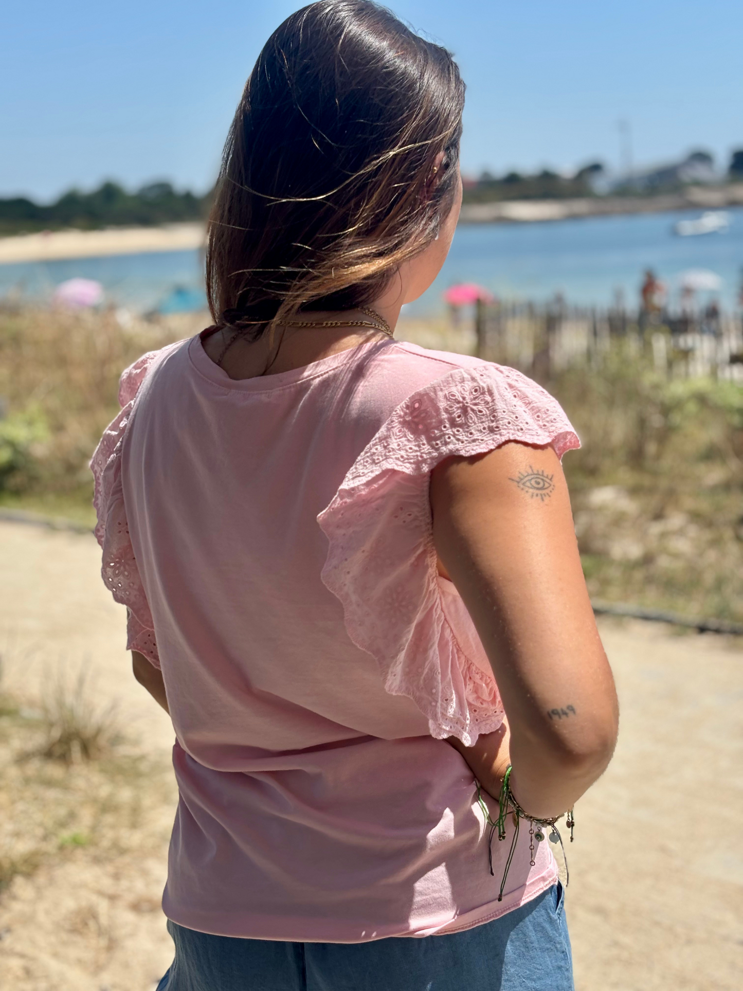Top col rond en coton stretch rose