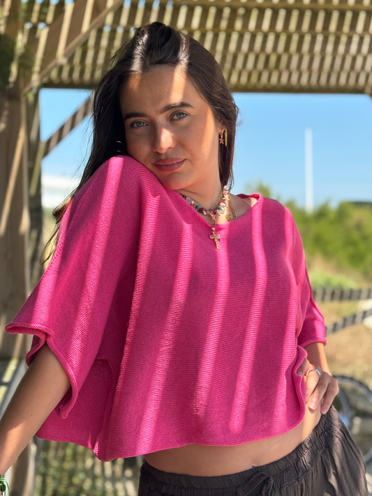 Top ample en maille légère fuchsia