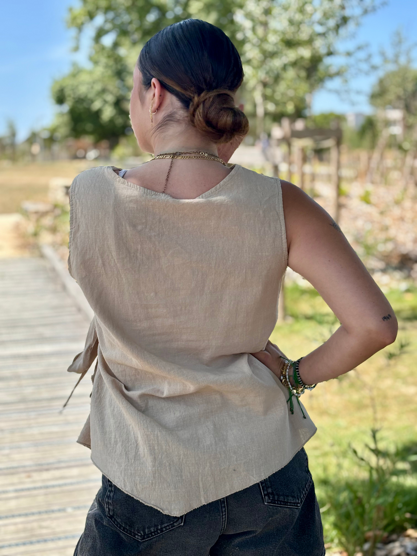 Top sans manches coton/lin camel