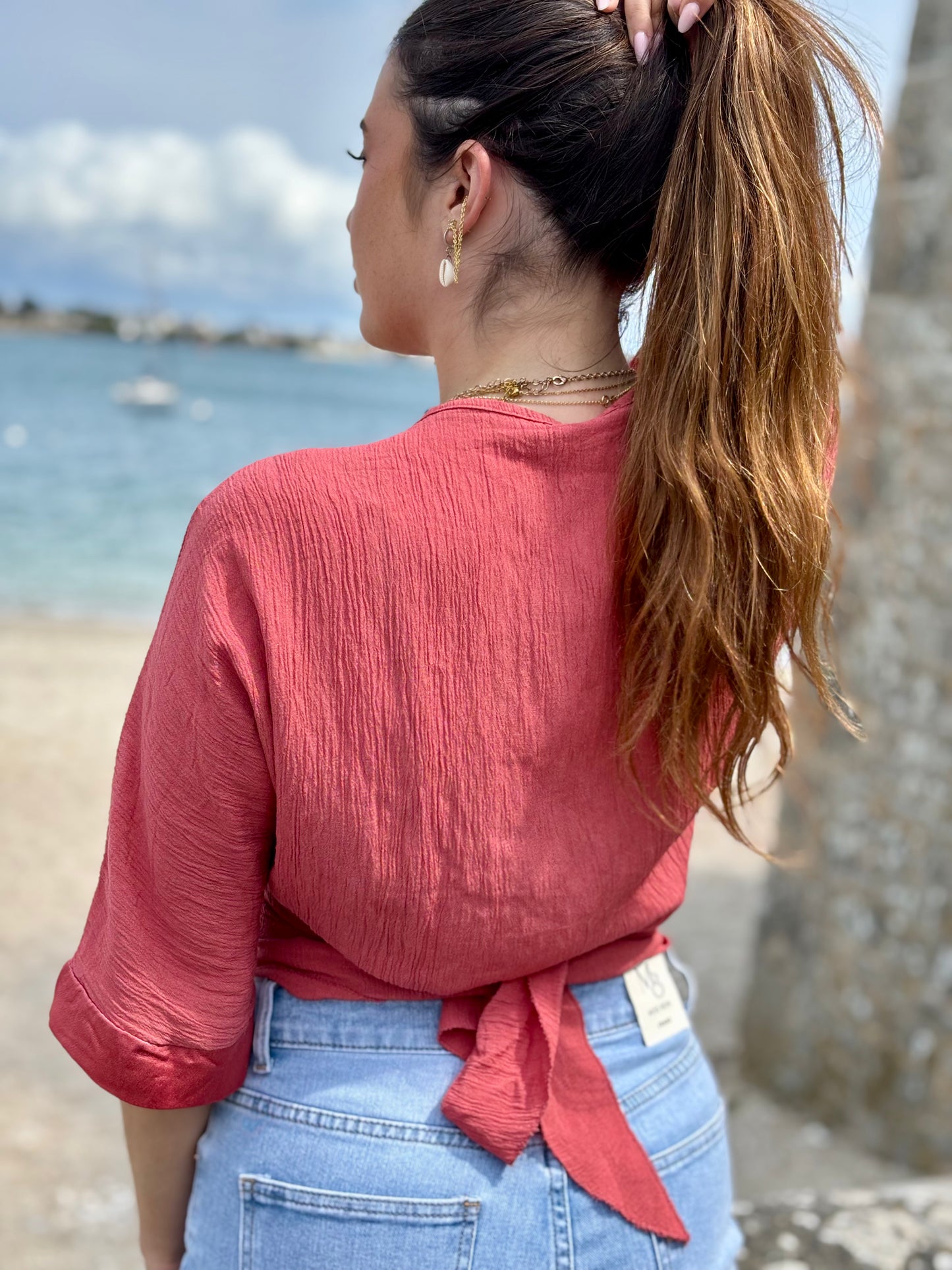 Top noue en viscose terracotta