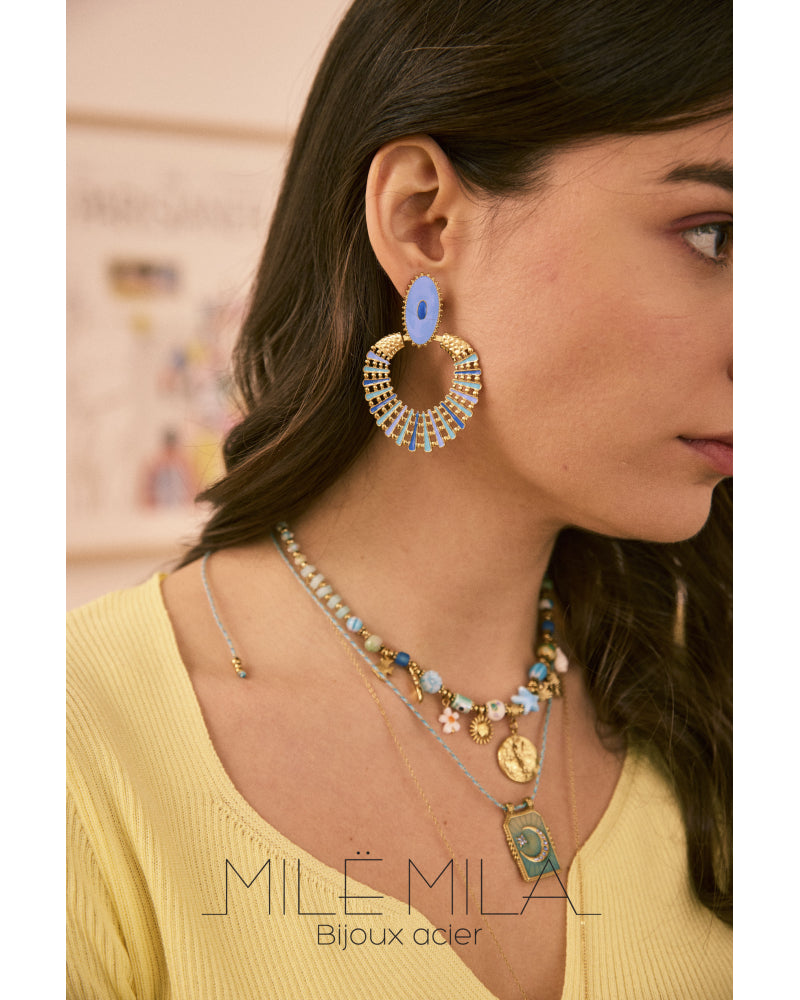 Boucles d'Oreilles Émaillées Bleues et Dorées