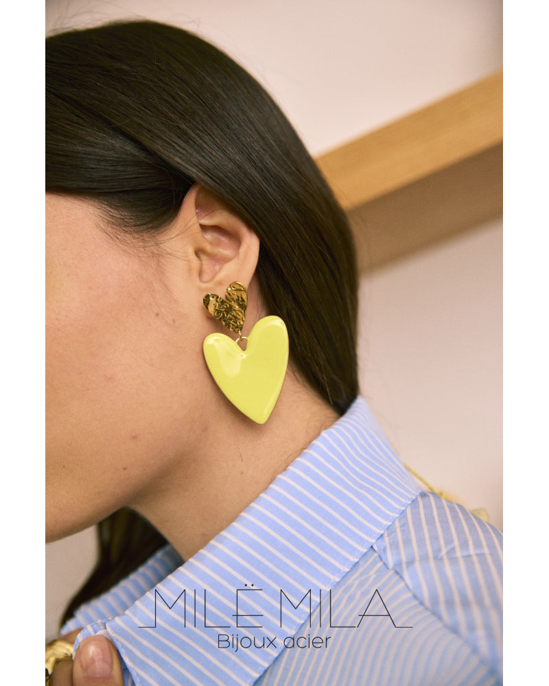 Boucles d'Oreilles Cœur Émaillé Jaune