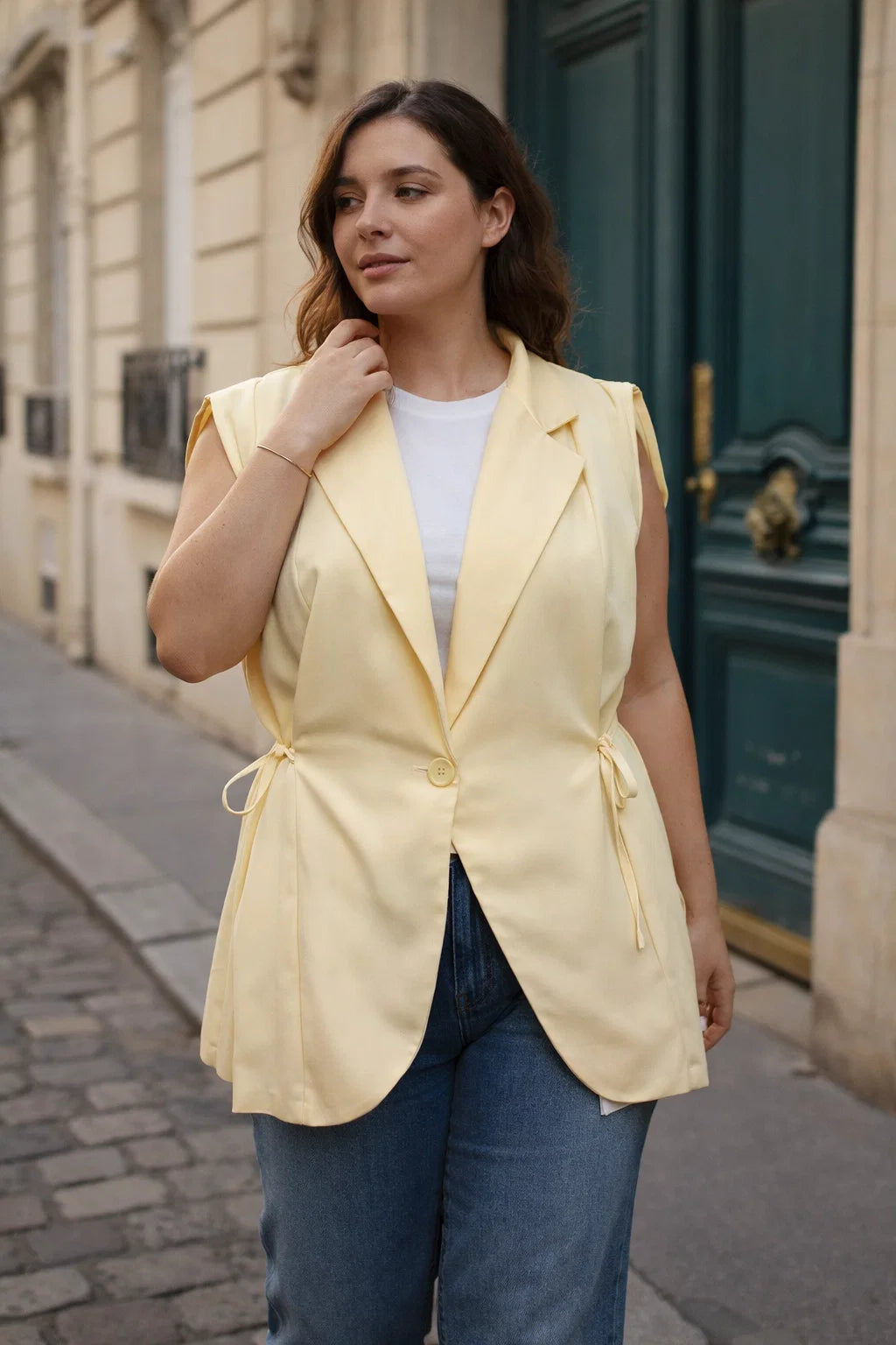 Gilet de tailleur long sans manches gris rayé | FR Gilet de tailleur long sans manches gris rayé | FR