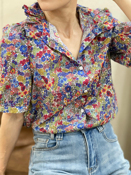 Chemise Fleurie Col Volanté