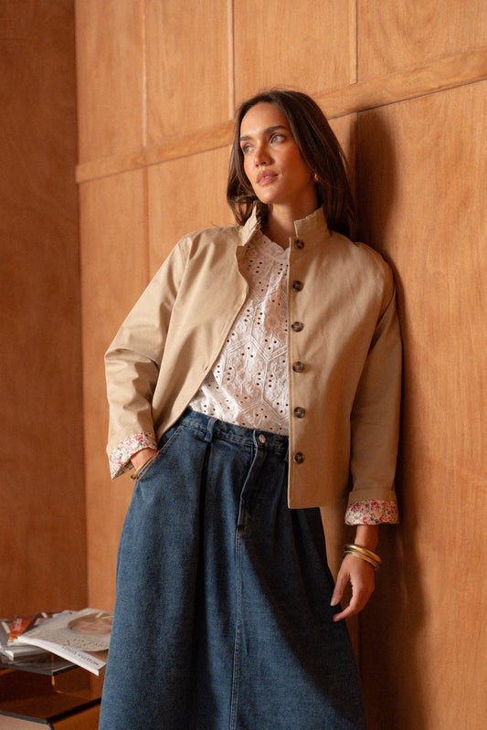 Veste Trench Boutonnée Doublure Fleurie