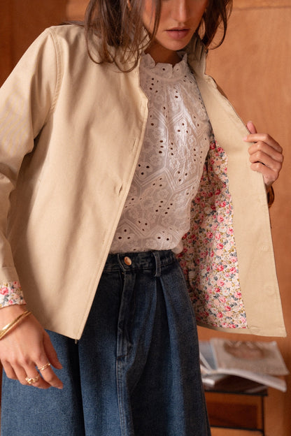 Veste Trench Boutonnée Doublure Fleurie
