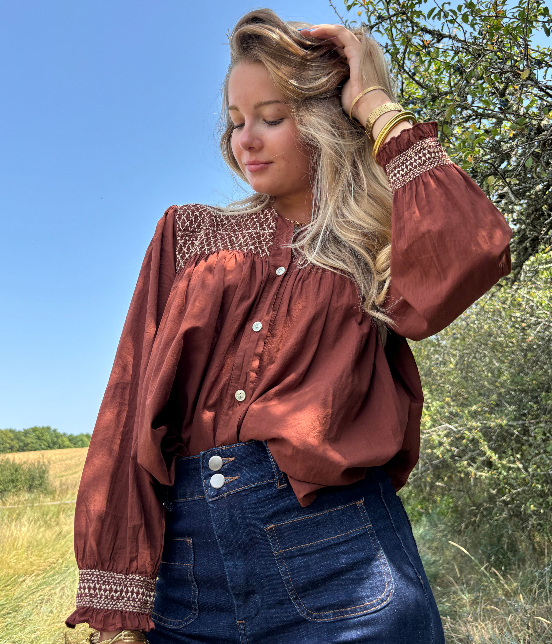Chemise Bohème Femme Manches 3/4 - Viscose, Broderie Fleurie - Style Hippie Folklore
