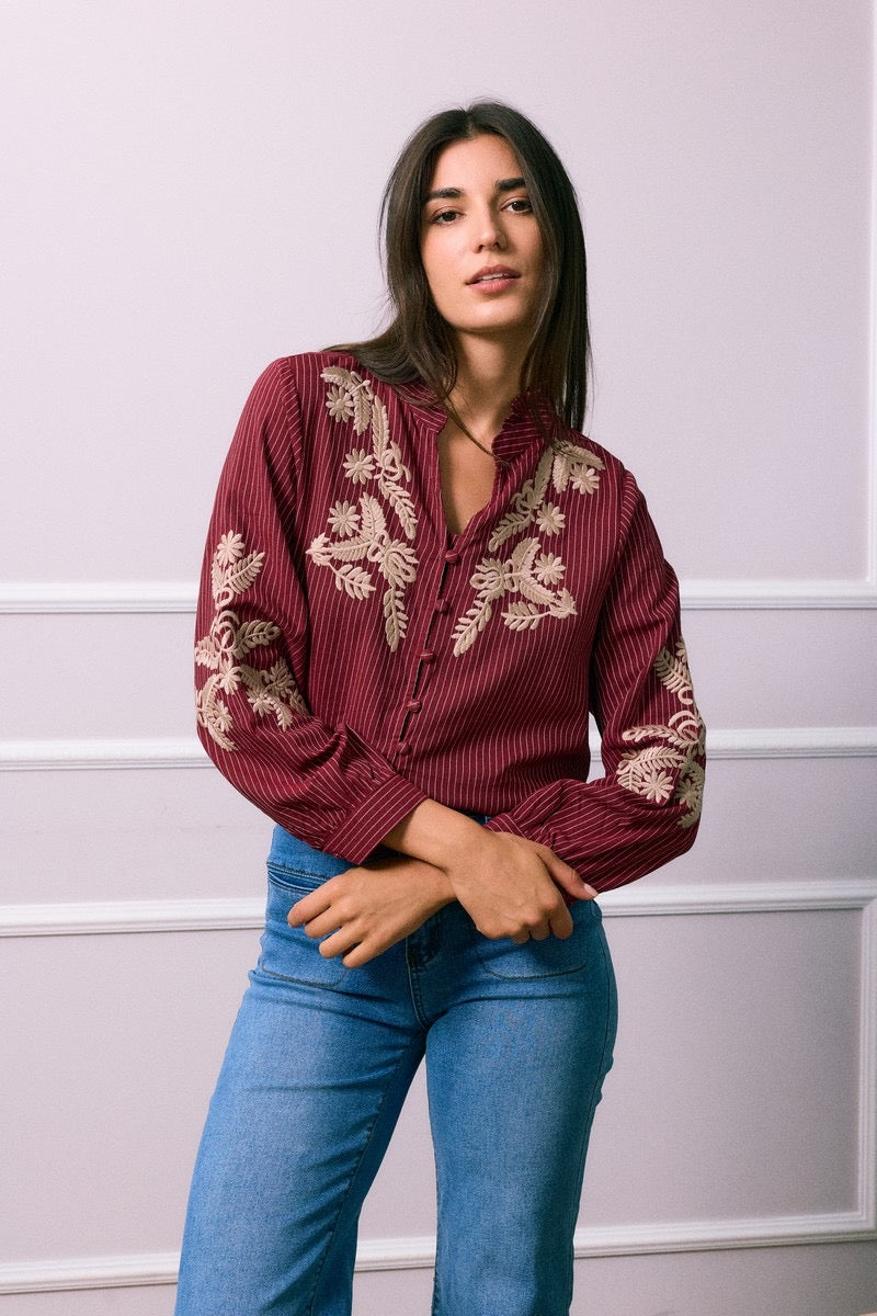 Chemise à Motifs Floraux Bordeaux