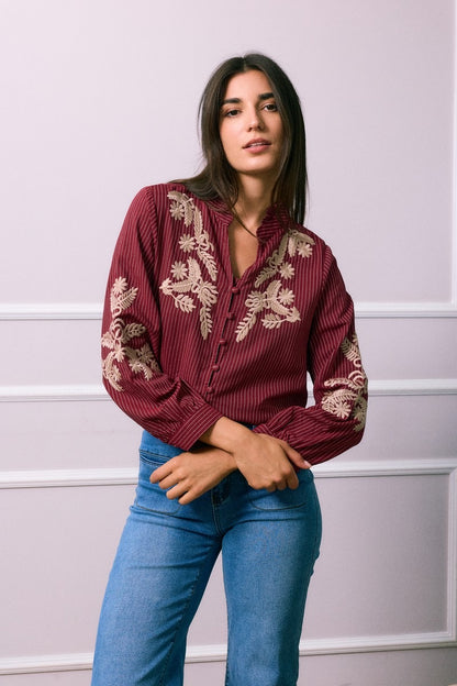 Chemise à Motifs Floraux Bordeaux