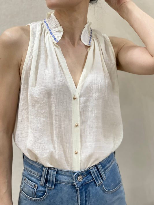 Blouse sans Manches à Col Volantée