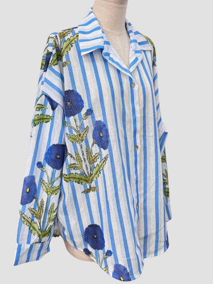 Chemise Rayée Fleurs Bleues