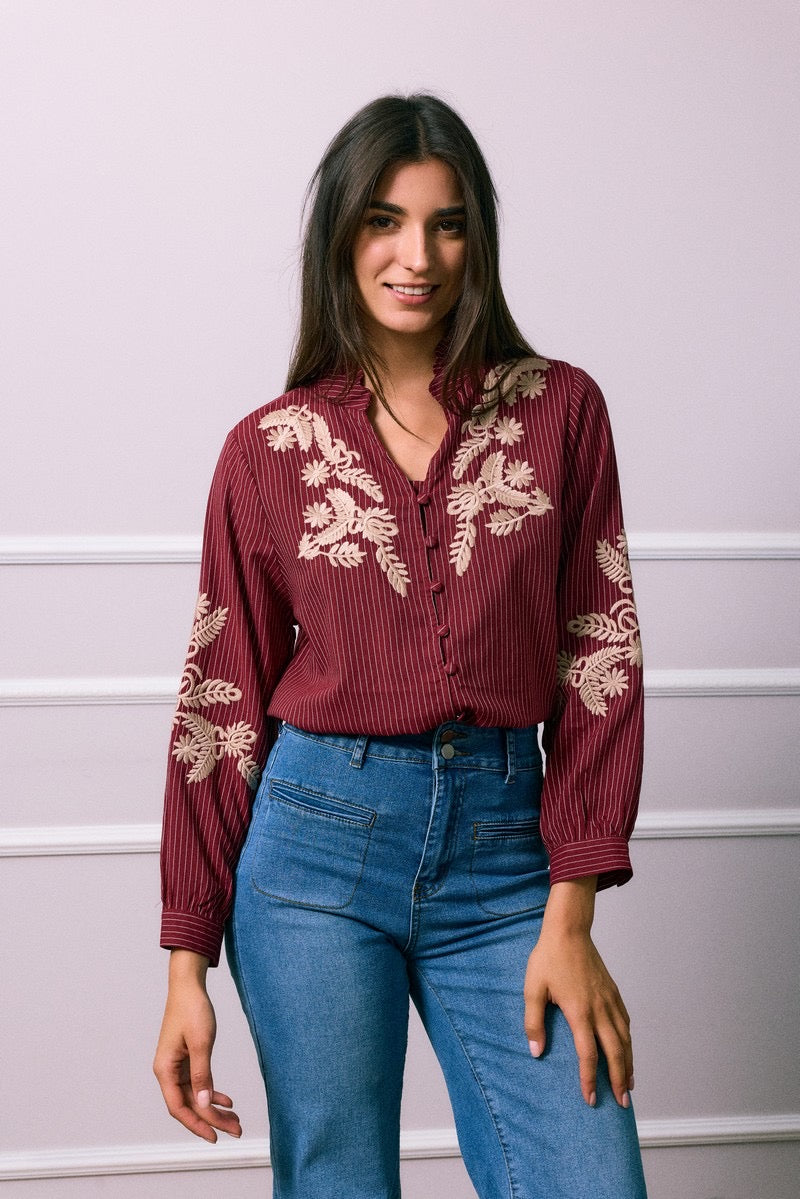 Chemise à Motifs Floraux Bordeaux