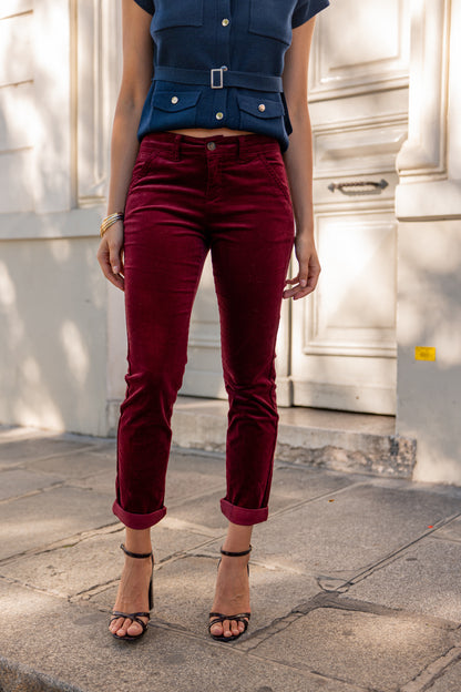Pantalon Roxane - Chino Velours Bordeaux
