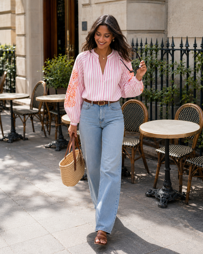 Blouse Brodée Rayée Rose