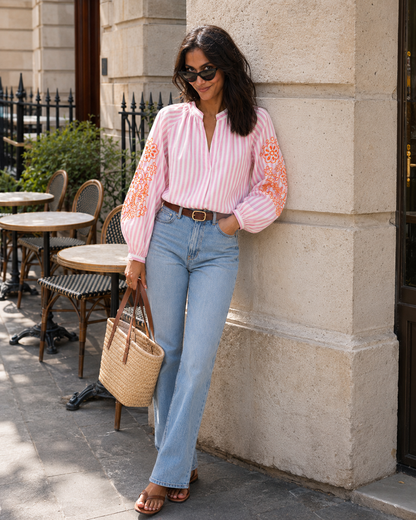 Blouse Brodée Rayée Rose