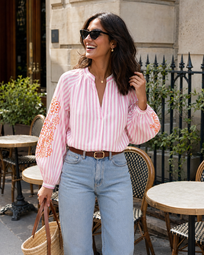 Blouse Brodée Rayée Rose