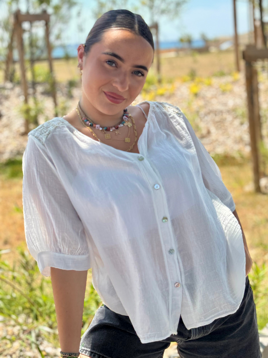 Chemise coton brodée épaules blanc