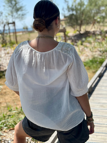 Chemise coton brodée épaules blanc